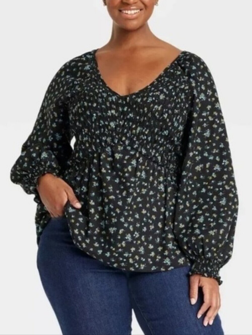 Ava & Viv Black Floral Smocked Peasant Top 1X